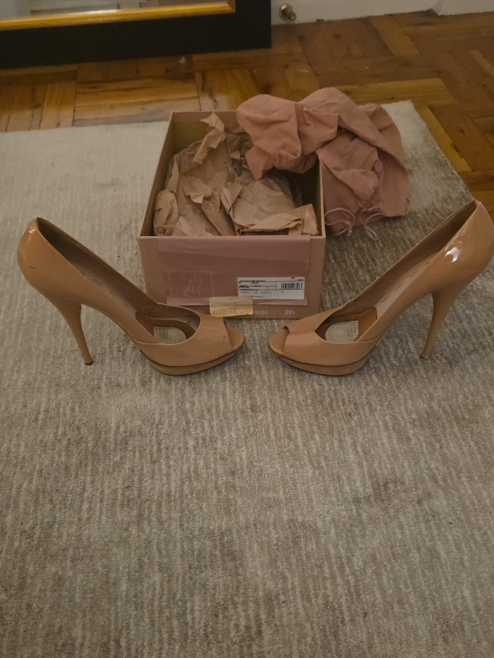 Miu Miu Nude Patent Peep-Toe Platform Heels